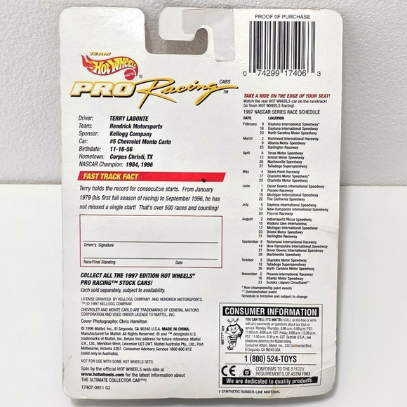 HOT WHEELS Pro-Racing Terry Labonte Collector 1997 1st Edition Car Model - Picture 11 of 16